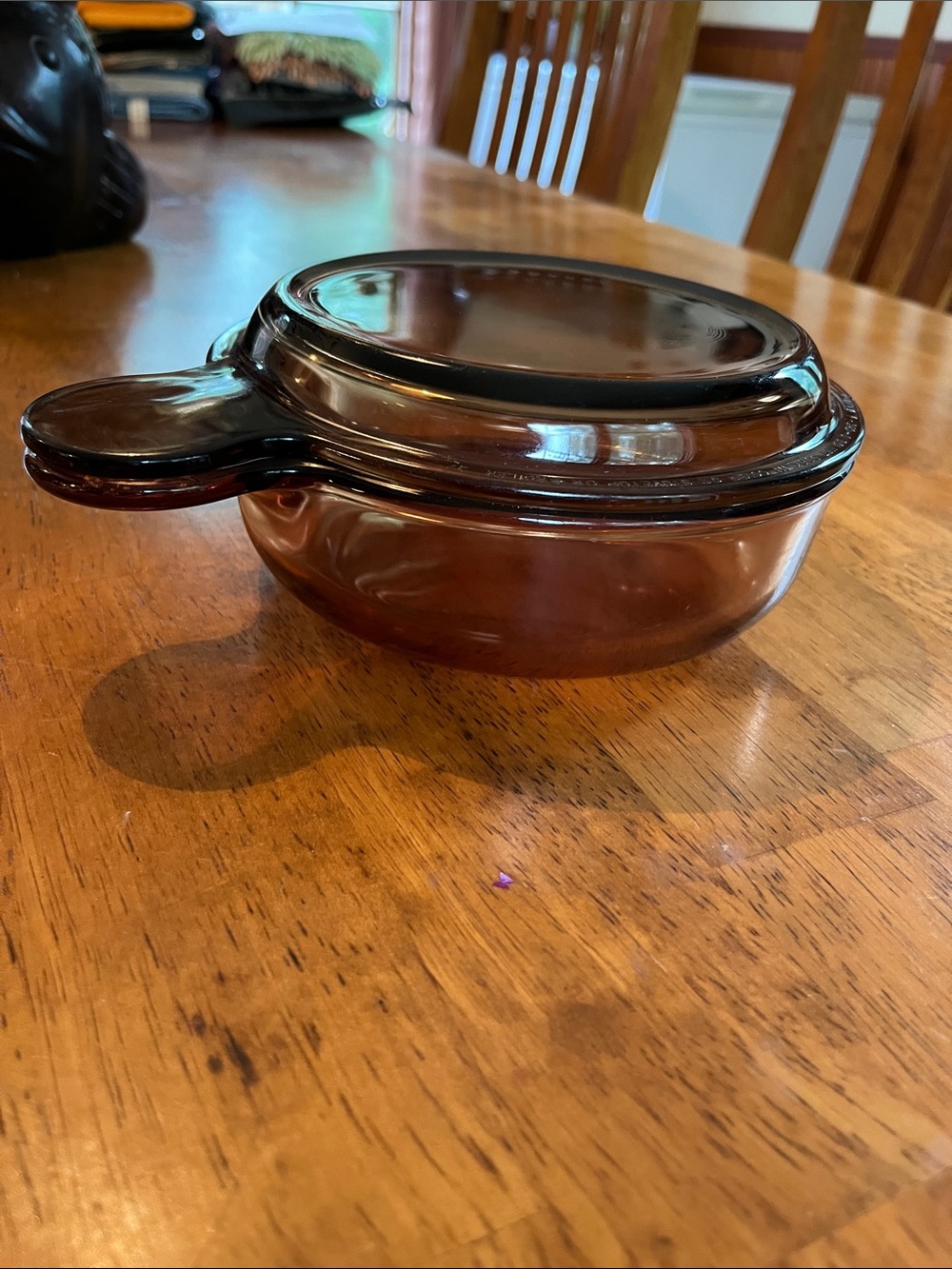Vintage Corning Vision Amber glass grab it bowl with matching lid. V-240-B